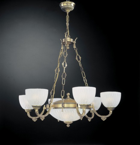 8 lights brass chandelier with white striped glass facing upward