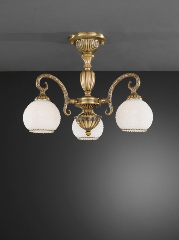 3 lights brass chandelier with spheric white blown glass