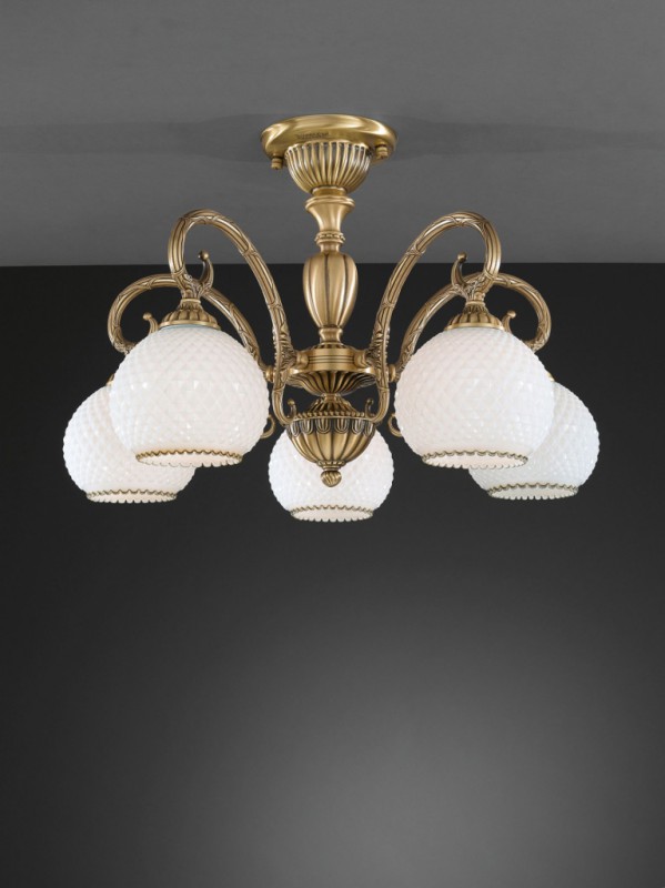 5 lights brass chandelier with spheric white blown glass