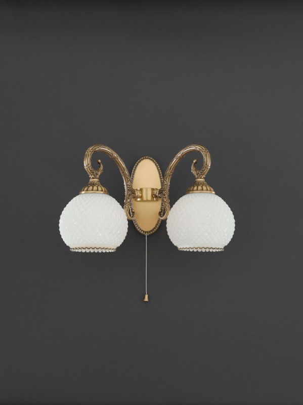 Brass wall sconce with white diamond blown glass 2 lights