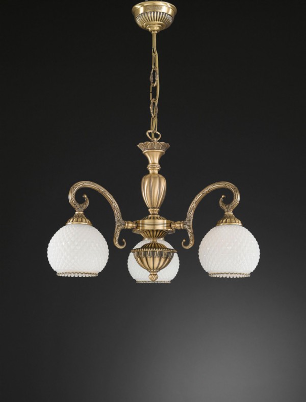 3 lights brass chandelier with spheric white blown glass