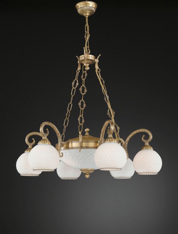 8 lights brass chandelier with spheric white blown glass