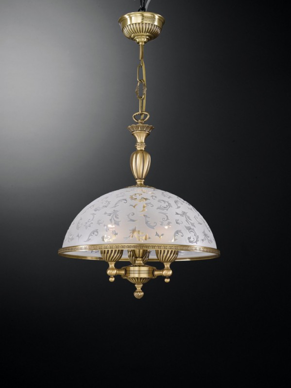 3 lights brass pendant light with frosted decorated glass 38 cm