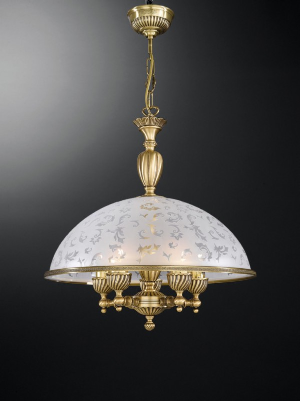 5 lights brass pendant light with frosted decorated glass 48 cm