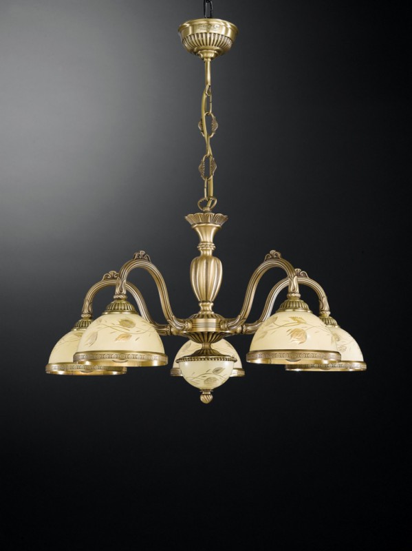 5 lights brass chandelier with decorated cream glasses