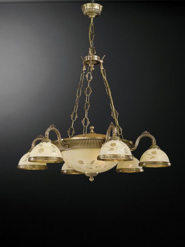 9 lights brass chandelier with decorated cream glasses