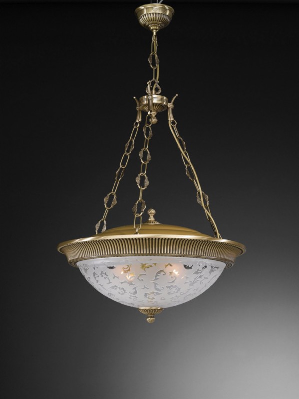 4 lights brass pendant lamp with frosted decorated glass 50 cm