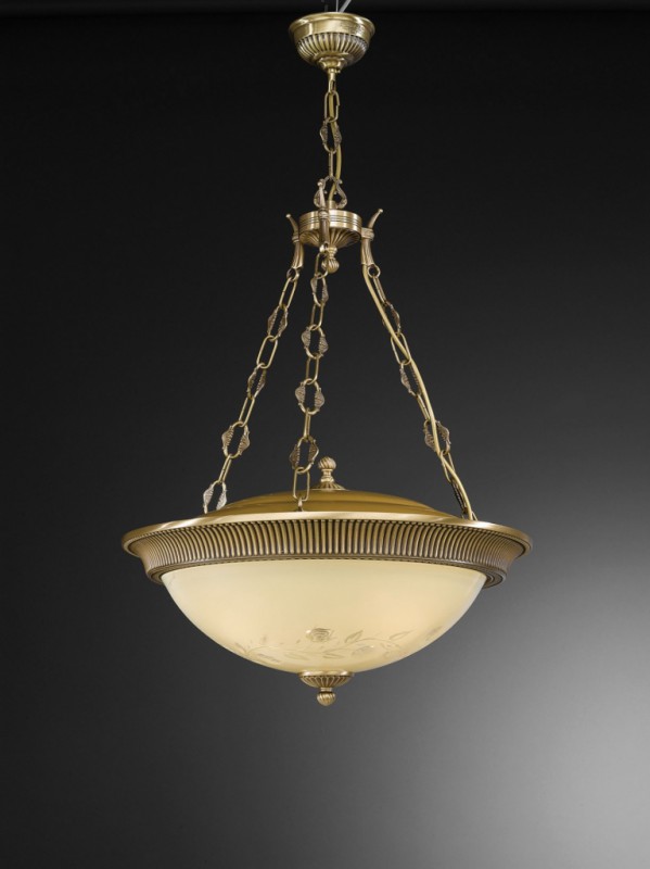 4 lights brass and cream engraved glass pendant lamp