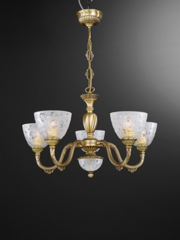 5 light brass chandelier with frosted glasses facing upward
