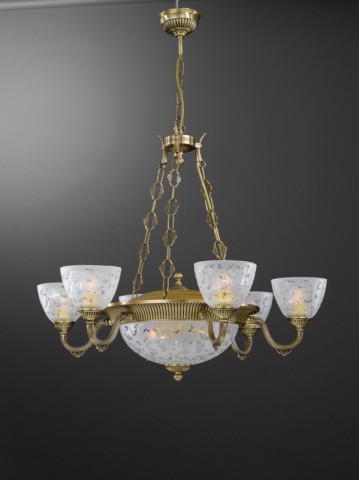 9 light brass chandelier with frosted glasses facing upward