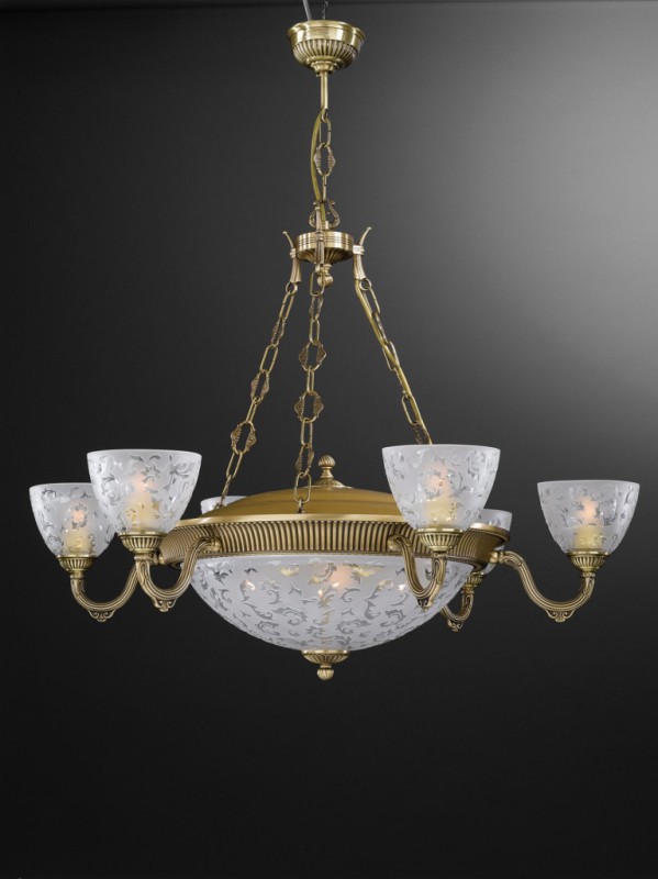 10 light brass chandelier with frosted glasses facing upward