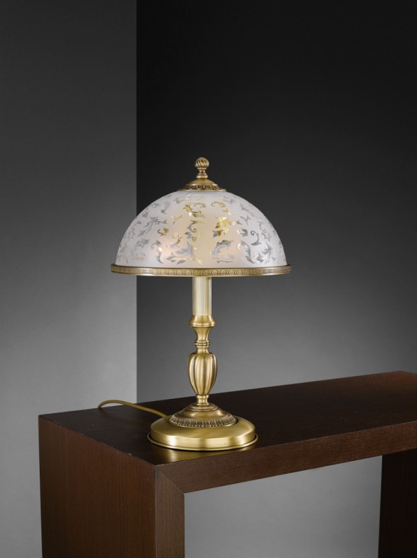 Brass table lamp with frosted decorated glass