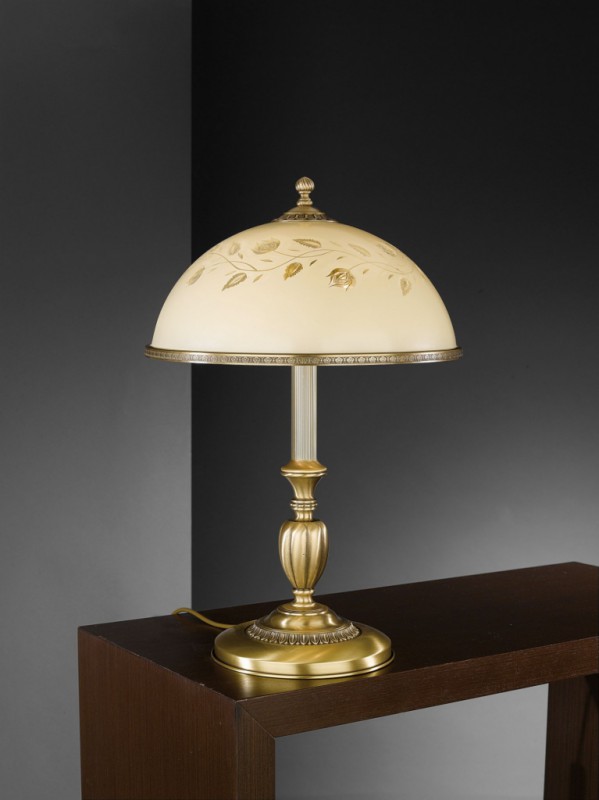 Large brass table lamp with decorated cream glass