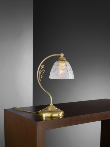 Brass bedside lamp with frosted decorated glass