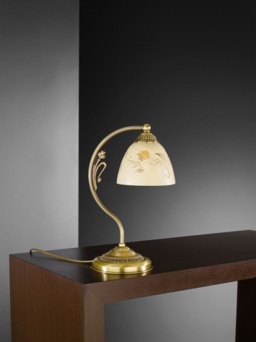 Brass bedside lamp with cream engraved glass