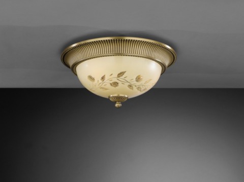 Brass ceiling light with cream engraved glass 40 cm