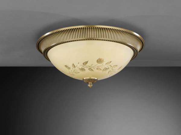 Brass ceiling light with cream engraved glass 50 cm