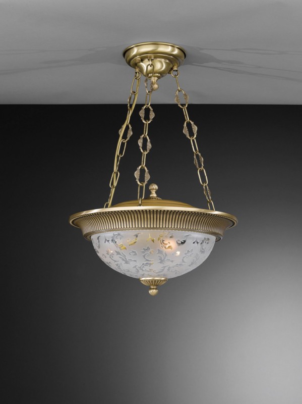3 lights brass pendant lamp with frosted decorated glass 40 cm