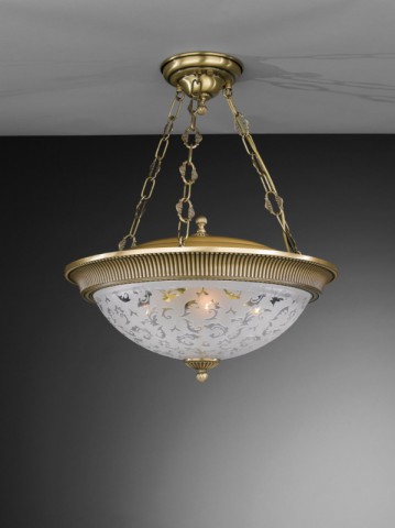 4 lights brass pendant lamp with frosted decorated glass 50 cm