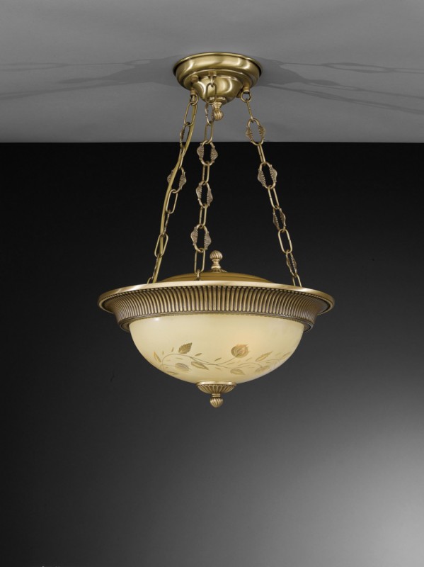 3 lights brass and cream engraved glass pendant lamp