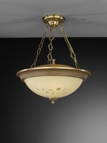 4 lights brass and cream engraved glass pendant lamp