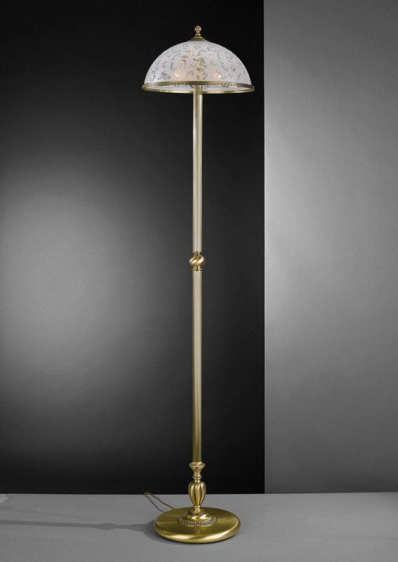 Brass floor lamp with decorated frosted glass shade