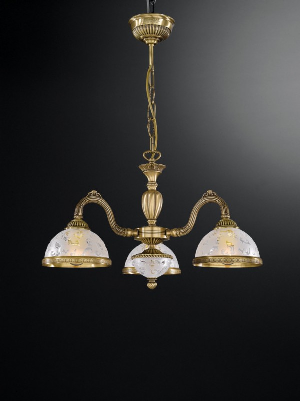 3 lights brass chandelier with frosted decorated glass