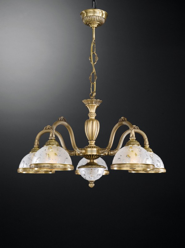 5 lights brass chandelier with frosted decorated glass