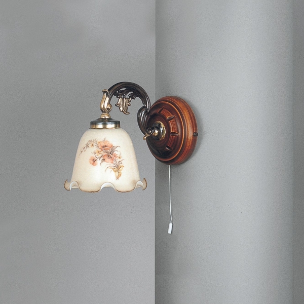 Brass and wood sconce with ivory blown glass 1 light facing down
