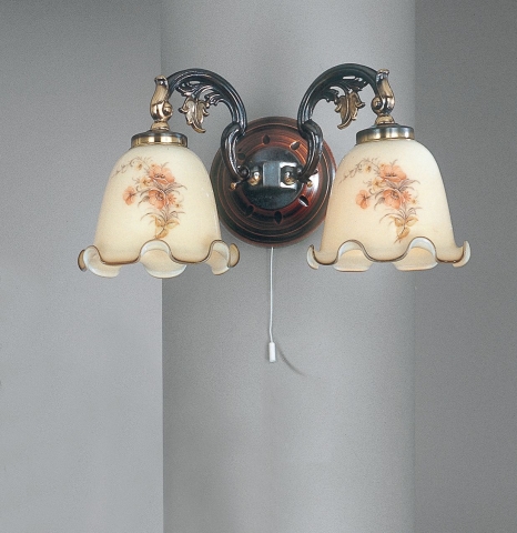 Brass and wood sconce with ivory blown glass 2 lights facing down