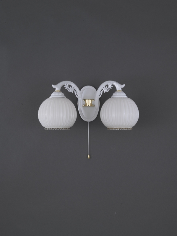 Iron and brass wall sconce with blown white glass 2 lights facing down