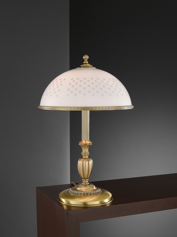 Lampada da tavolo grande in ottone e vetro decorato 