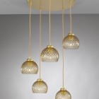 Suspension lamp with 5 lights, satin gold finish, blown glass in bronze color L.10032/5