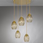 Suspension lamp, satin gold finish, blown glass in bronze color L.10033/5