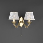 2 lights golden brass wall sconce with lamp shade. The lampshade fabric shown in the product photo is no longer available. The lampshades will be shipped with the new fabric as in the second photo.