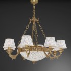 11 light golden brass chandelier with lamp shades. The lampshade fabric shown in the product photo is no longer available. The lampshades will be shipped with the new fabric as in the second photo.